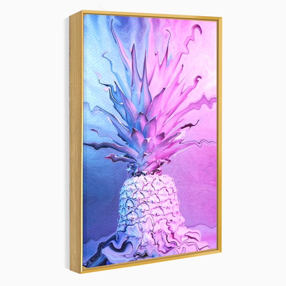 Tablou canvas cu tablou canvas cu ananas neon, in rama de aluminiu auriu